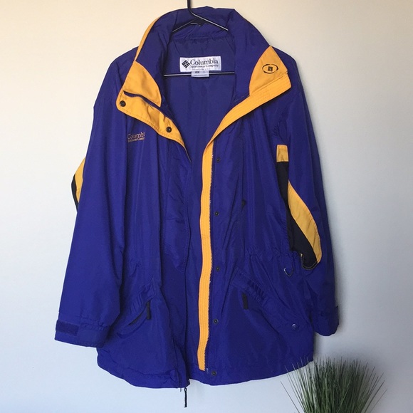 blue and yellow columbia jacket